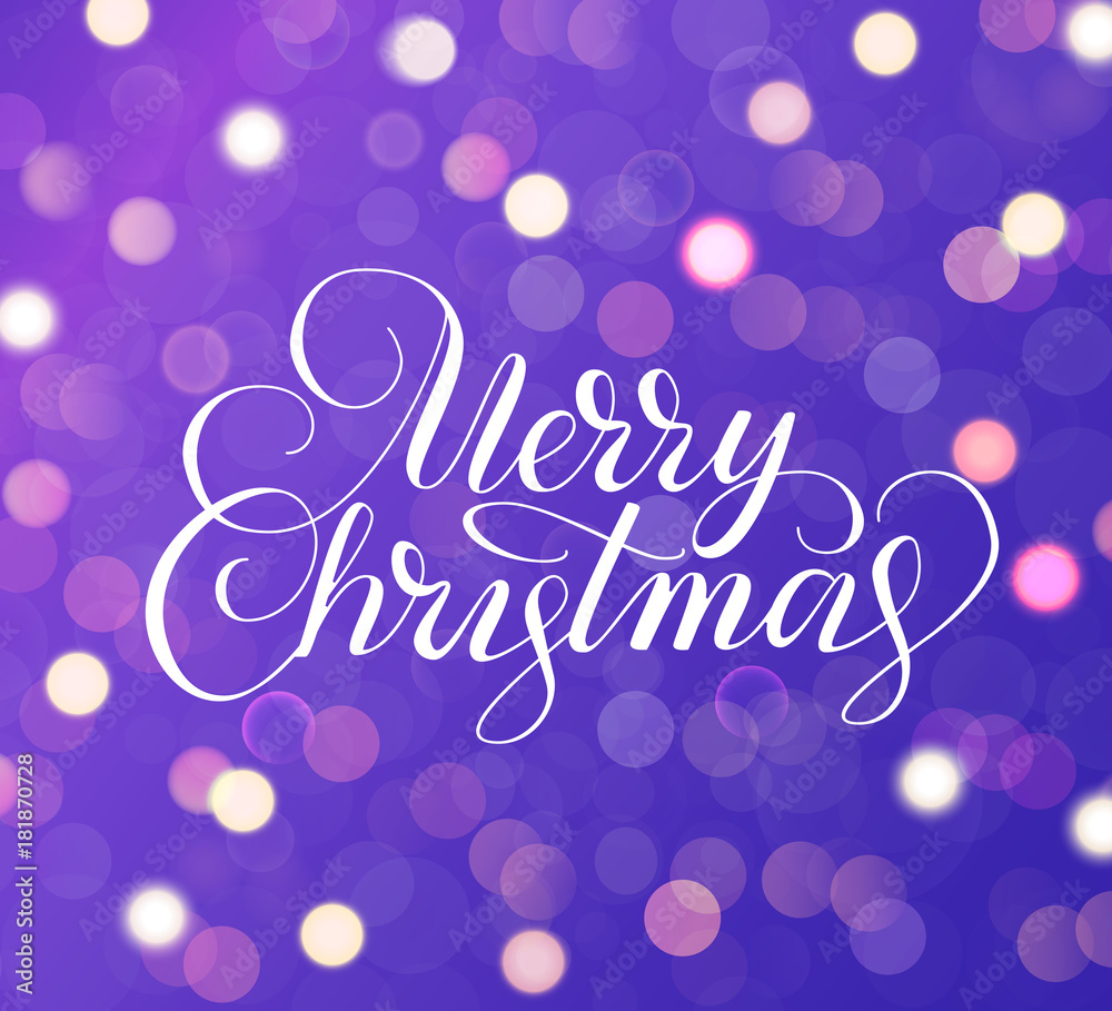 Merry Christmas text. Holiday greetings quote. Purple background with sparkling glowing lights. Bokeh effect. 