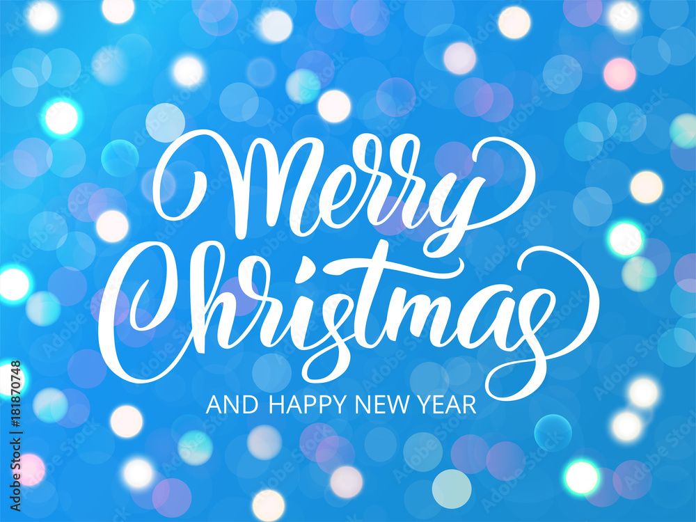 Merry Christmas and Happy New Year text. Holiday greetings quote. White and blue sparkling glowing lights. Background with bokeh effect.