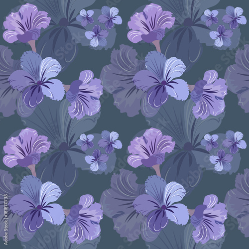 Raster illustration of a seamless floral pattern in pastel cold colors. Purple and blue flowers on a gray background. © Valentina