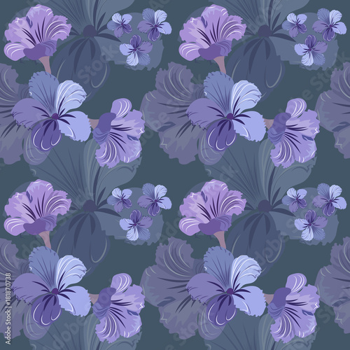 Raster illustration of a seamless floral pattern in pastel cold colors. Purple and blue flowers on a gray background.