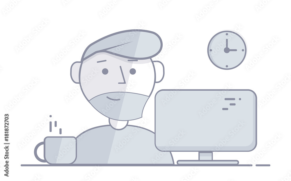 Man sits in the night behind a computer. Icon for website and mobile apps. Cartoon style vector illustration.