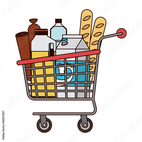 supermarket shopping cart with foods sausage bread and drinks juice and water bottle and milk carton in colorful silhouette with thin black contour