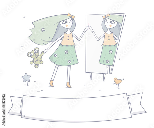 Young happy girl with Teddy bear in hand, stands before the mirror.Cartoon fashion character, vector illustration.
