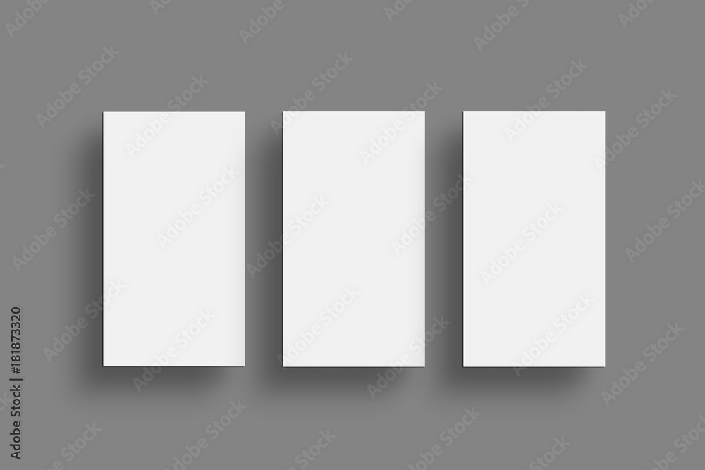 Three Horizontal Business card Mock-Up. White Business Card Blank Design Template. Top View, Isolated on White Background.