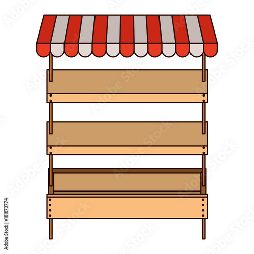 supermarket shelves empty with three levels and sunshade in colorful silhouette with thin black contour