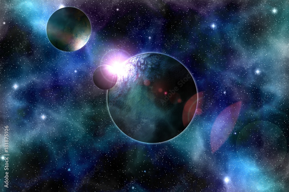 Obraz premium Fantastic space landscape. Journey through the galaxy. Mysterious worlds deep space.