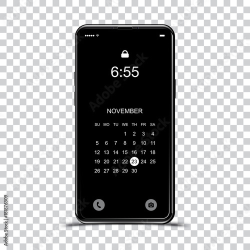 Template realistic black smartphone with a screen lock on a transparent background. Phone with set of web icons and calendar with dark background. Flat vector illustration EPS 10