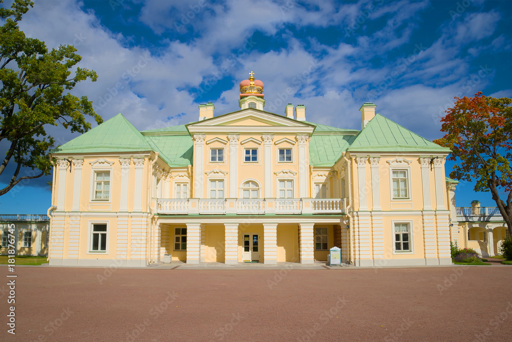 The central building of the Great Menshikov Palace in the sunny September day. View from the upper park. Oranienbaum