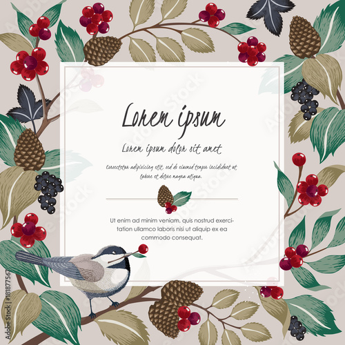  Vector illustration with a cute bird on a branch in winter for Wedding, anniversary, birthday and party. Design for banner, poster, card, invitation and scrapbook 				
