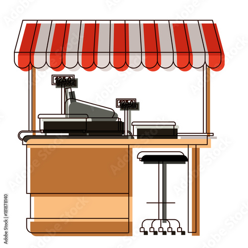 supermarket shelf with weighing machine and cash register point with sunshade in watercolor silhouette