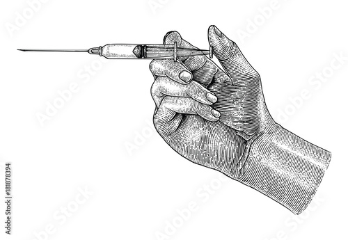 Doctor hand holding medical syringe,Hand drawing vintage style