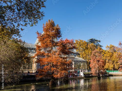 Palacio de Cristal in the Retiro Park in Madrid, surrounded by autumn colors