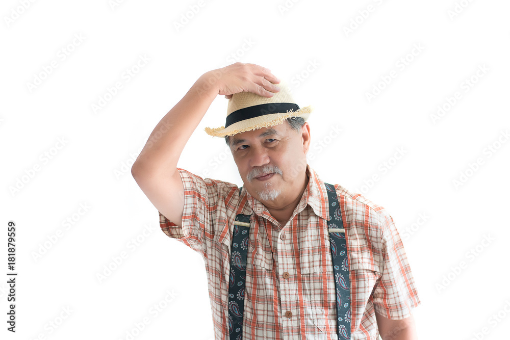 Portrait of an old man with hand holding hat isolated on white background Portrait of an old man with hand holding hat isolated on white background