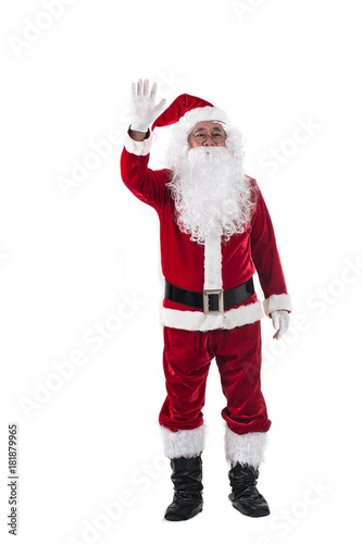 Happy traditional Santa Claus hand up isolated on white background.