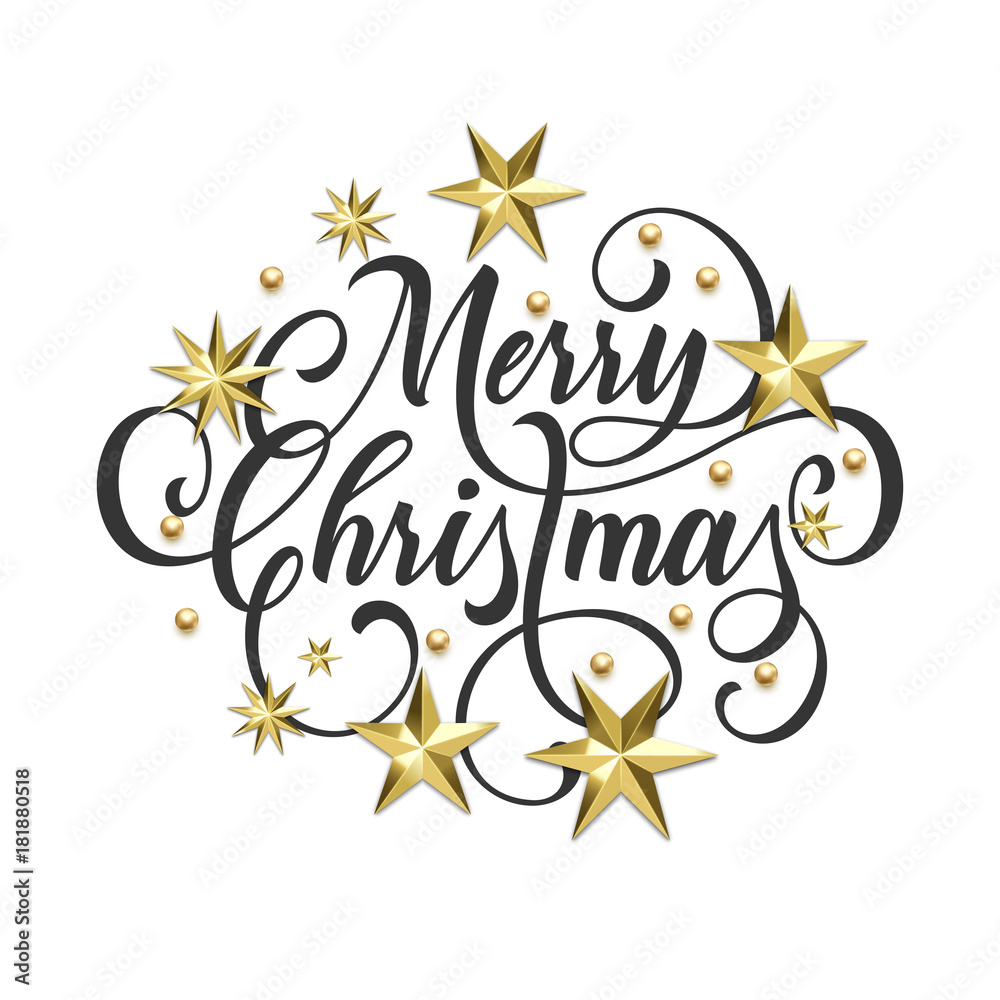 Merry Christmas golden decoration, hand drawn calligraphy font for invitation or greeting card on white background. Vector Christmas or New Year winter holiday gold star and snowflake shiny decoration