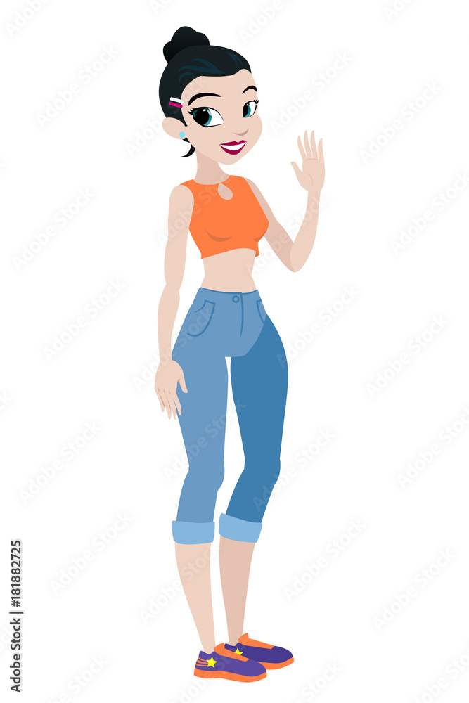Teenager vector girl with black hair. Character . Isolated against white background. Build your own design. Cartoon flat-style vector illustration Teenager vector girl with black hair. Character . Isolated against white background. Build your own design. Cartoon flat-style vector illustration