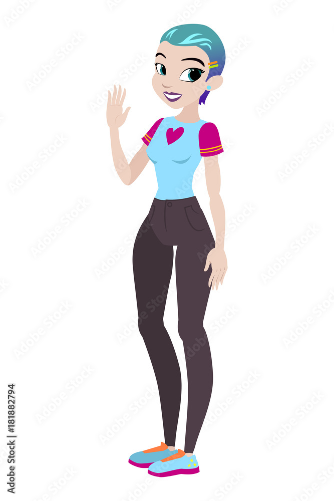 Teenager vector girl with blue hair. Character . Isolated against white background. Build your own design. Cartoon flat-style vector illustration