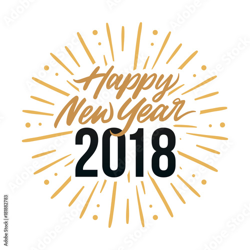 Happy New Year 2018 Card Template Design with Golden Text, Fireworks and Star Brush Illustration Element Background at Midnight Scene. Poster, Banner, Flyer, Cover.