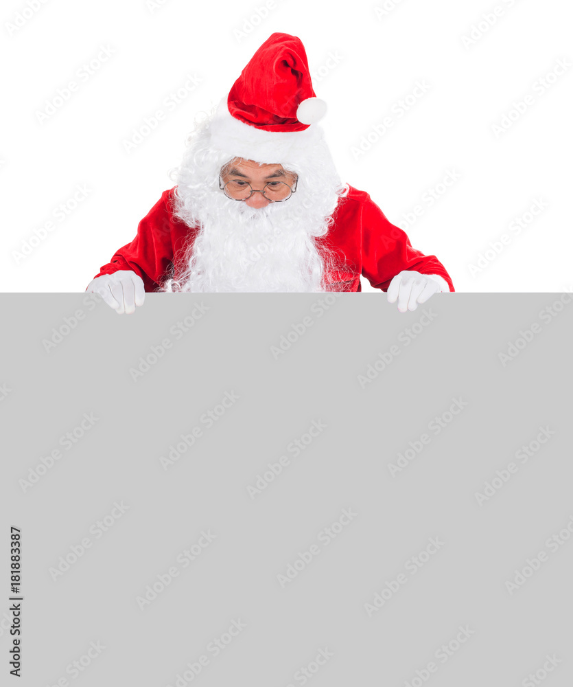 Close up of Santa with a banner isolated on white background Close up of Santa with a banner isolated on white background