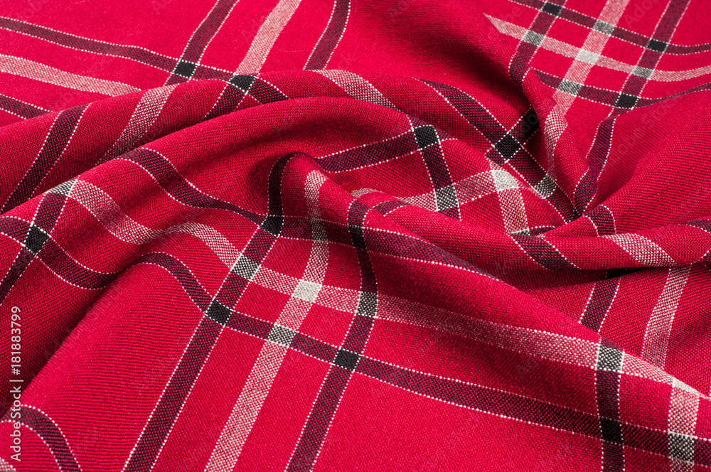  texture, pattern. Scottish tartan pattern. Red and black wool plaid print as background. Symmetric square pattern. yarn dyed flannel is brushed on both sides and perfect for button down shirts, - obrazy, fototapety, plakaty 