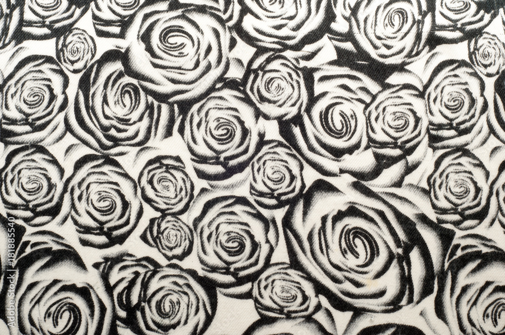 Texture, background, pattern. A woolen scarf, black and white, roses are drawn on a scarf. Woolen black and white fabric - obrazy, fototapety, plakaty 