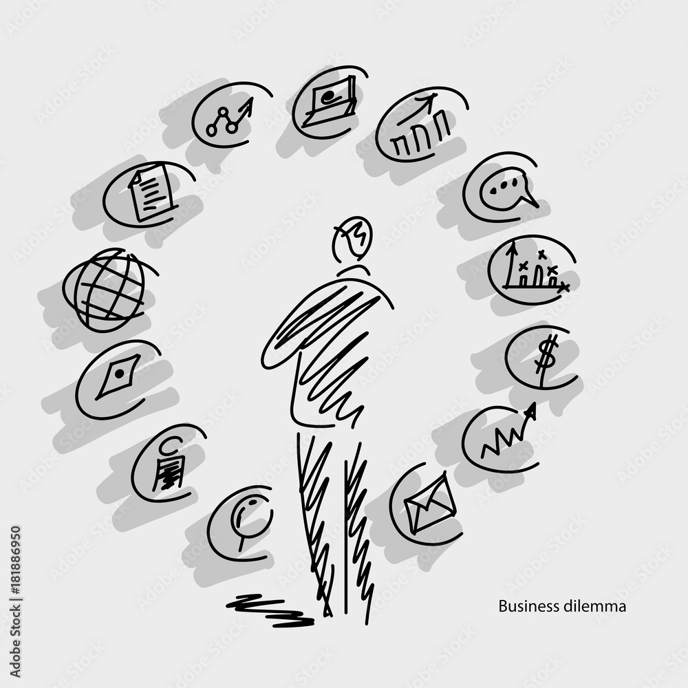 Businessman looking at business icons with shadow vector illustration doodle sketch hand drawn with black lines isolated on gray background. Business concept.