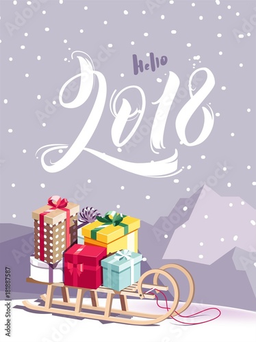 Hello 2018 lettering. Greeting card design with calligraphic design, gift boxes and mountain landscape. Vector illustration