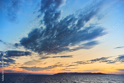 Beautiful Adriatic Sea bay with mountains on sunset