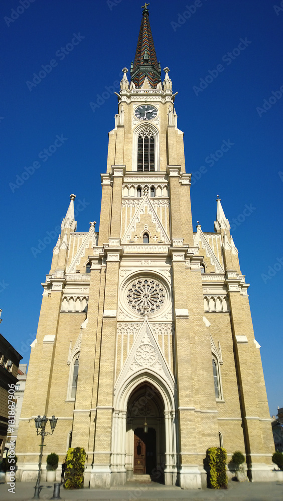 Catholic Cathedral of the virgin Mary at the Central square of the city Novi Sad in Serbia. Sunny weather. Vertical view