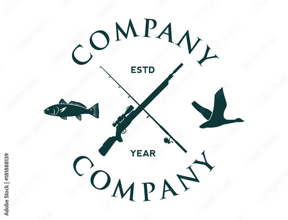 Cross Sniper Rifles and Fishing Rod with Flying Duck and Fish Circle  Hunting Company Logo Stock Vector