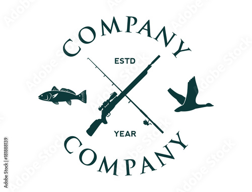 Cross Sniper Rifles and Fishing Rod with Flying Duck and Fish Circle Hunting Company Logo