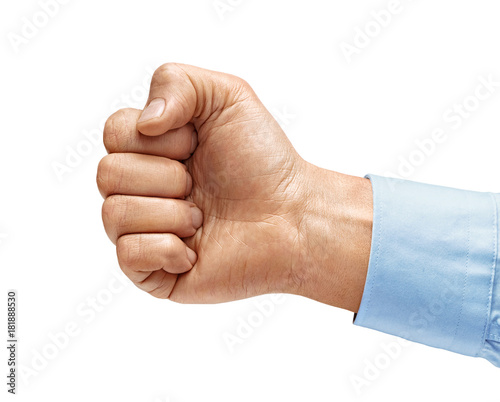 Man's hand in shirt with closed fist, isolated on white background. High resolution product. Close up