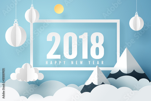 Paper art of 2018 happy new year with sky and mount