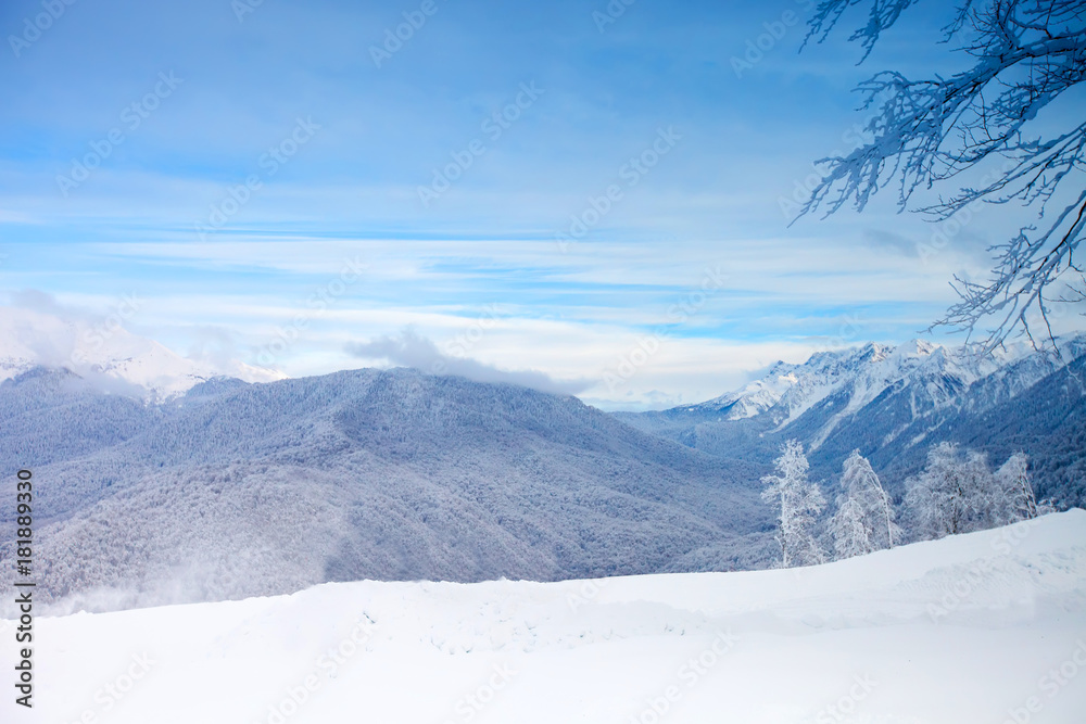 The beautiful Caucasus Mountains, Winter landscape. Winter background.