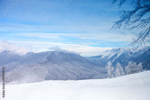 The beautiful Caucasus Mountains, Winter landscape. Winter background. © Anna