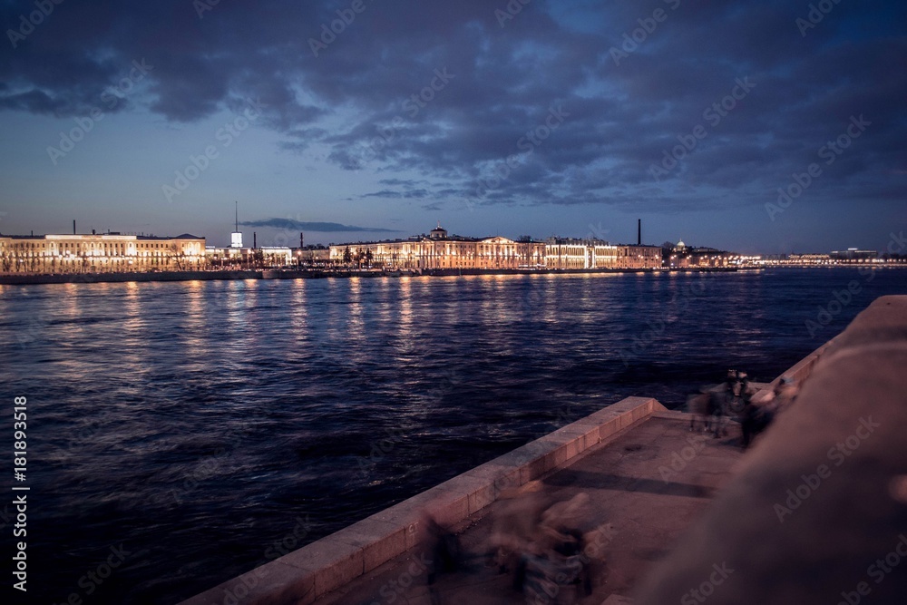 Night embankment of the Neva river