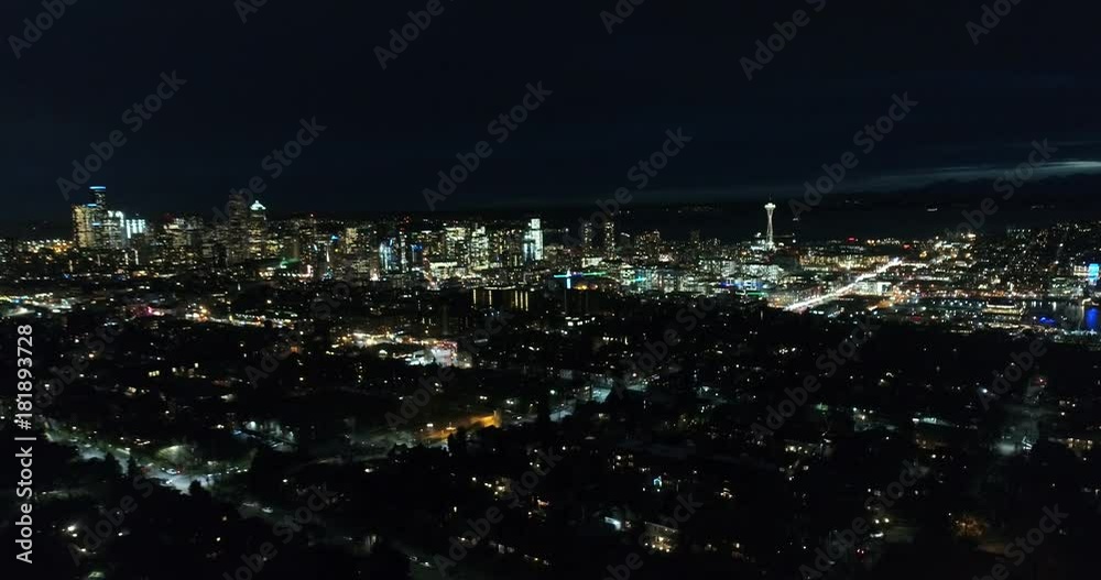 Flying Away From Seattle Cityscape Night Skyscraper Buildings Flying Away From Seattle Cityscape Night Skyscraper Buildings