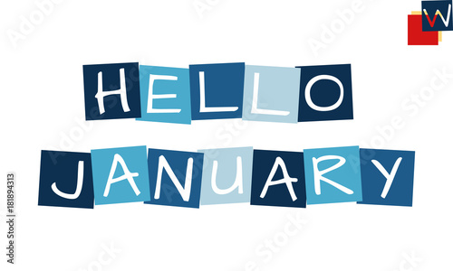 hello january, cartooned cutout text in blue colored rotated squares