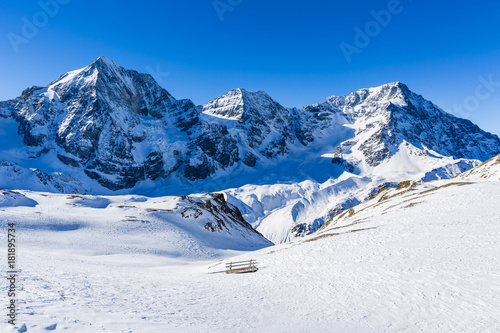 Snowy Italian Alps Sulden, Solda with Ortler, Zebru, Grand Zebru in background. Val Venosta, South Tirol, Italy. photo