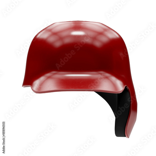 Baseball batting helmet with one ear protect. Red color and Front view. Sport equipment. 3D illustration. Isolated on white background.