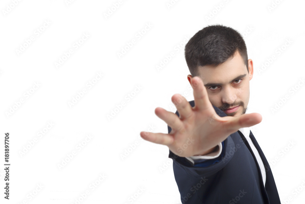A man in a business suit. Presentation. Isolated. White background. Hand extended forward. The Man is on the right side. A man in a business suit. Presentation. Isolated. White background. Hand extended forward. The Man is on the right side.