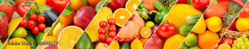 fruits and vegetables background. Collage. Wide photo .