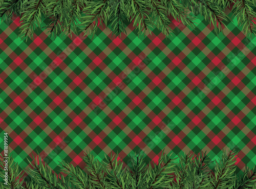 Red  green checkered pattern background with Christmas tree decoration