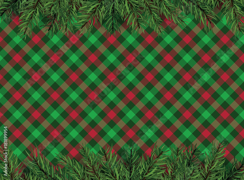 Red, green checkered pattern background with Christmas tree decoration