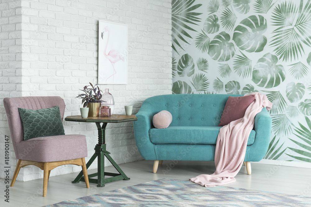 Fotografie Pink chair and blue sofa