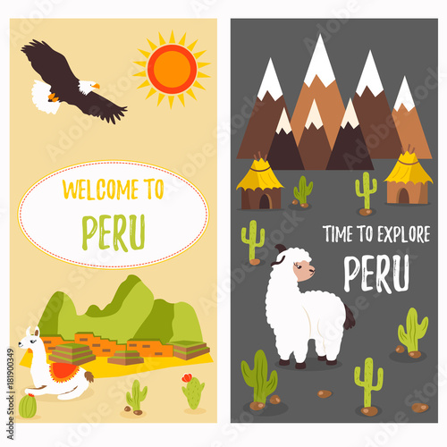Concept posters of Peru with cute lamas and tourist destinations