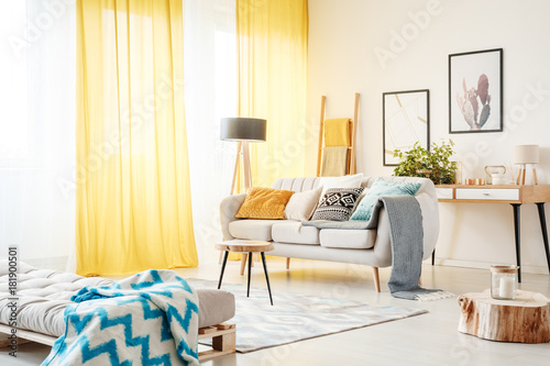 Living room with yellow curtains