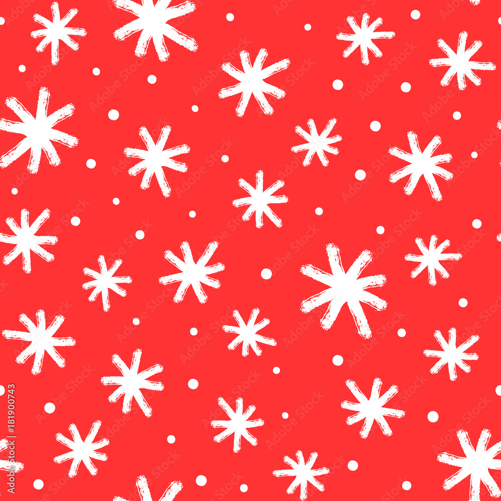 New Year seamless pattern with snowflakes painted brush strokes. Grunge, sketch, watercolour. White snow on red background.