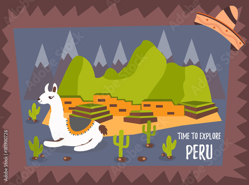 Concept poster of Peru with cute lama and tourist destinations