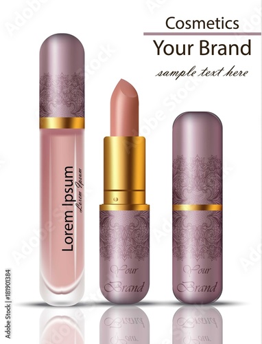 Lipstick cosmetics realistic Mock up Vector set. Matt lipgloss with lace ornament packaging original design. Pink powder colors